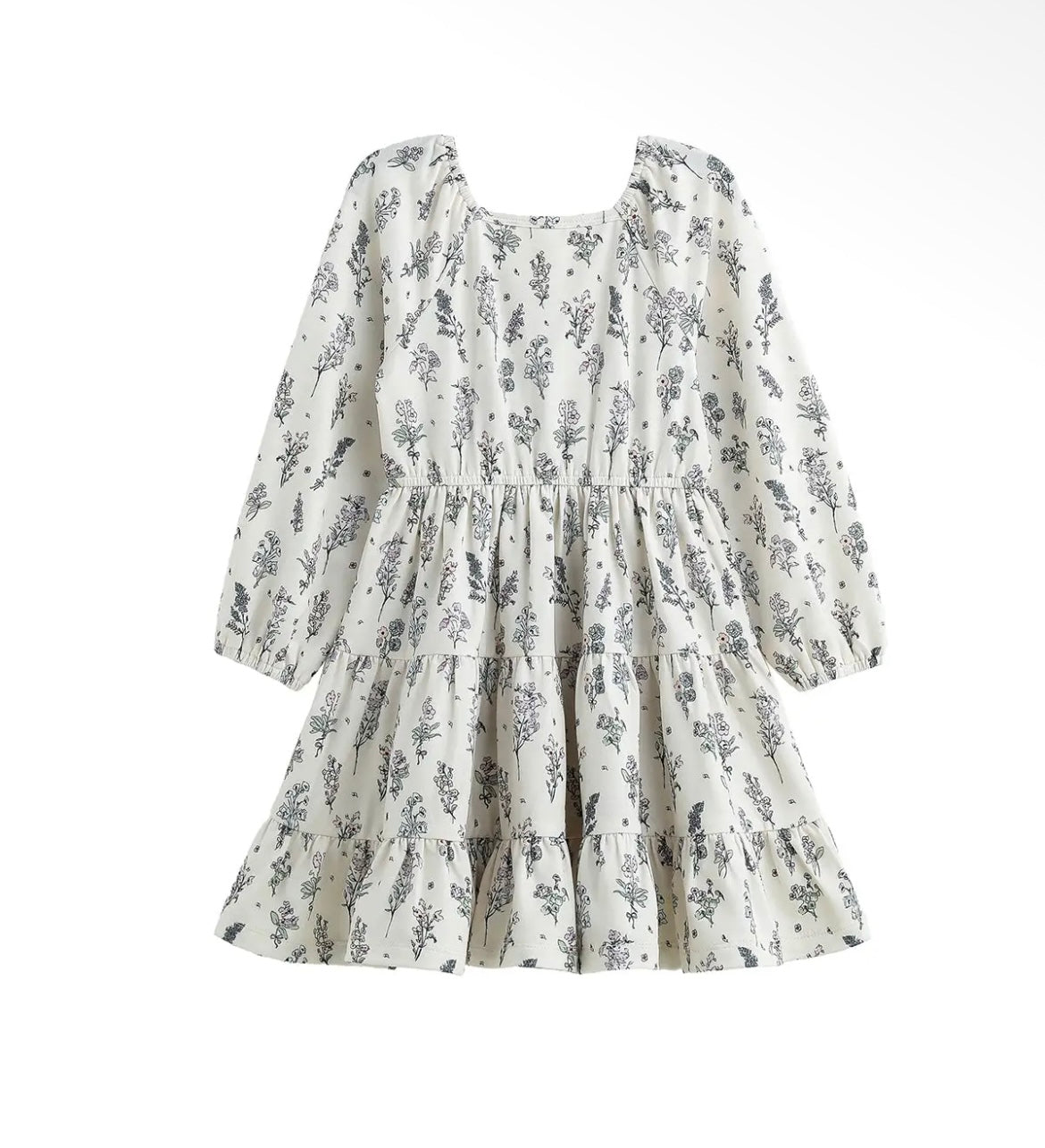 Girl Floral Square Neck Tiered Dress