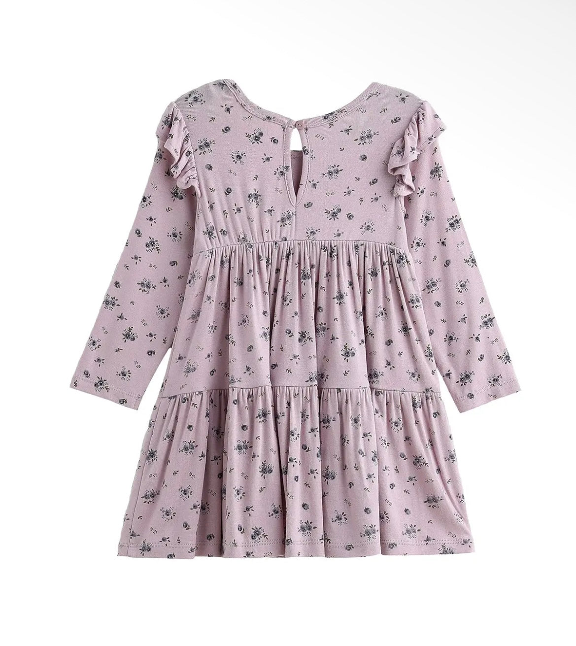 Girl Long Sleeve Purple Floral Ruffle Shoulder Tiered Dress