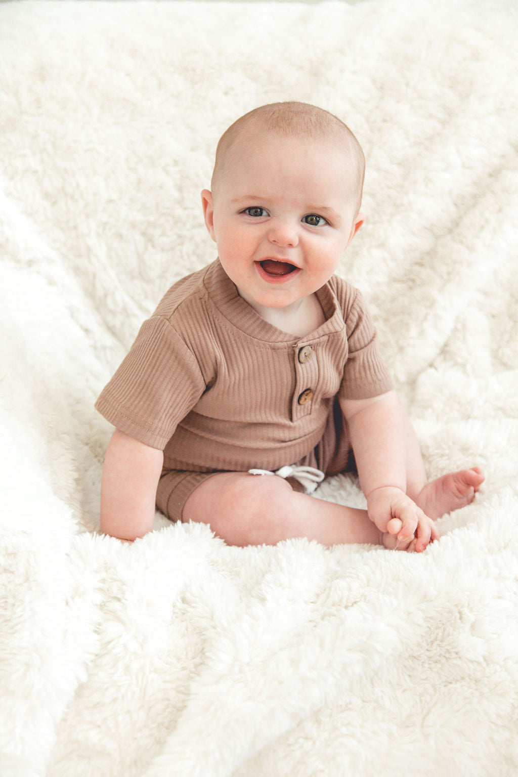 Tan 2-piece Ribbed Romper & Shorts Set on Baby