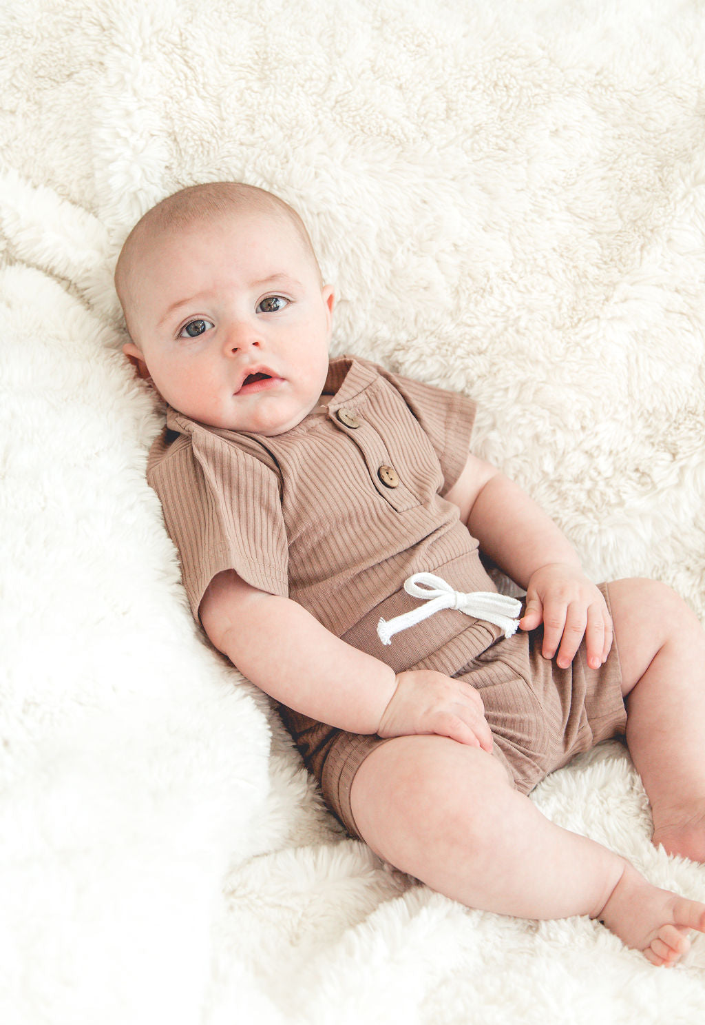 Tan 2-piece Ribbed Romper & Shorts Set on Baby