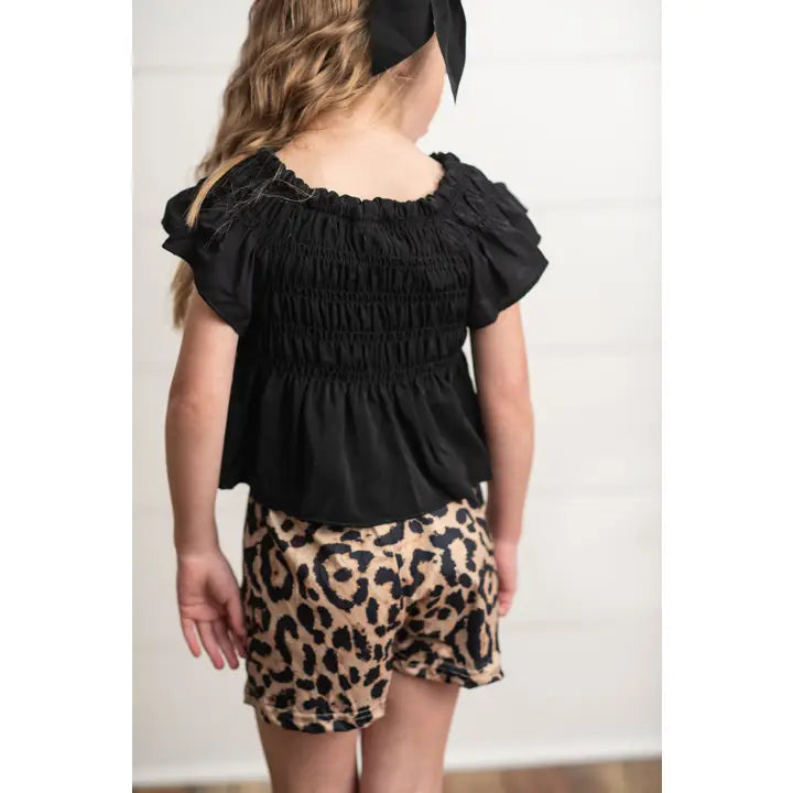 Kids Black Shirred Top & Leopard Print Bow Short Set