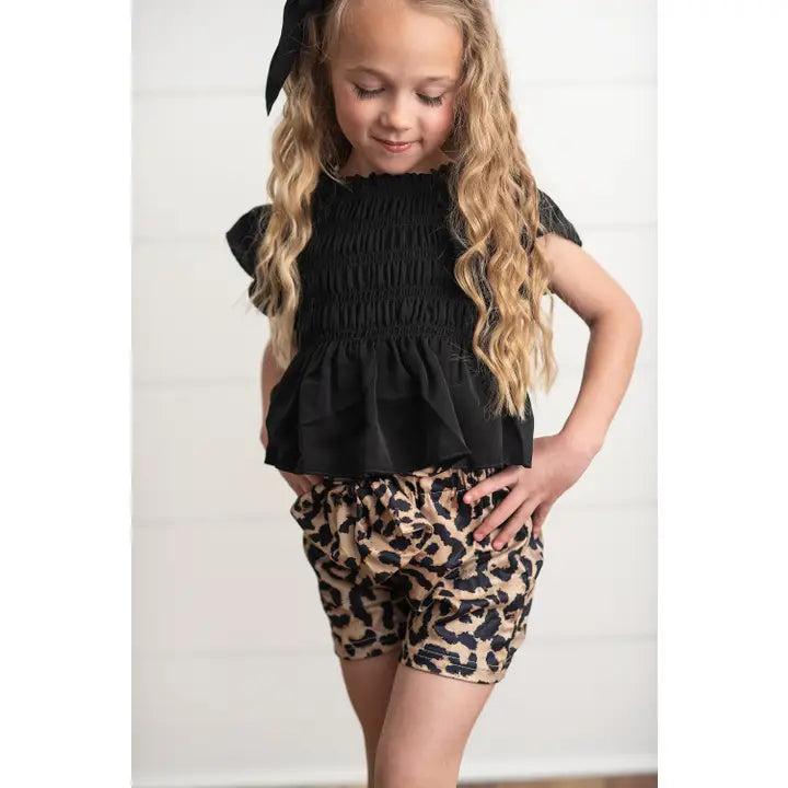 Kids Black Shirred Top & Leopard Print Bow Short Set