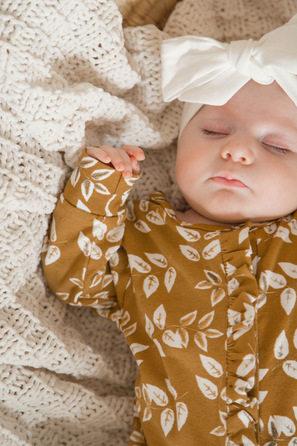 Baby Girl Ruffle Mustard Footie Sleeper with White Headband