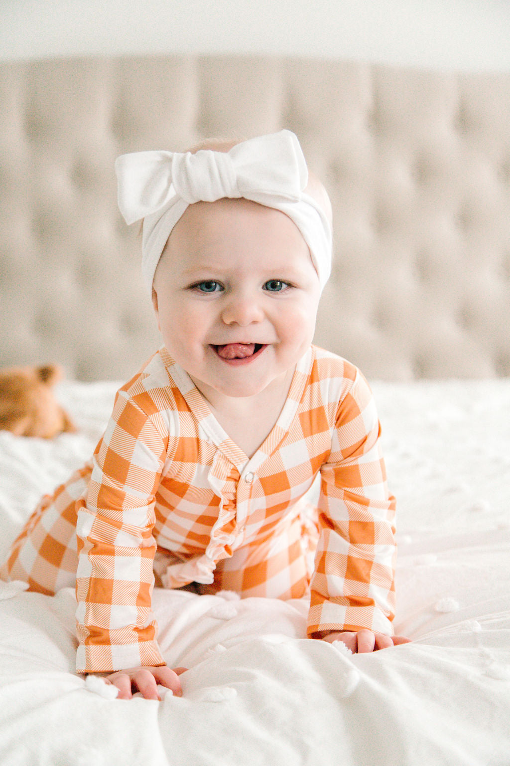 Baby Girl Orange Checkerboard Print Long Sleeve Sleeper with Ruffles and Matching Bow