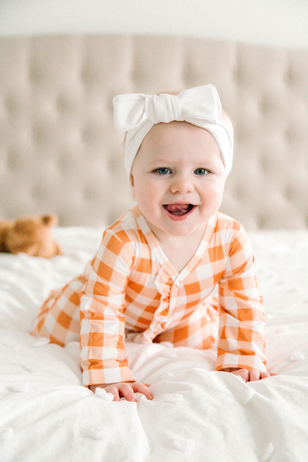 Baby Girl Orange Checkerboard Print Long Sleeve Sleeper with Ruffles and Matching Bow