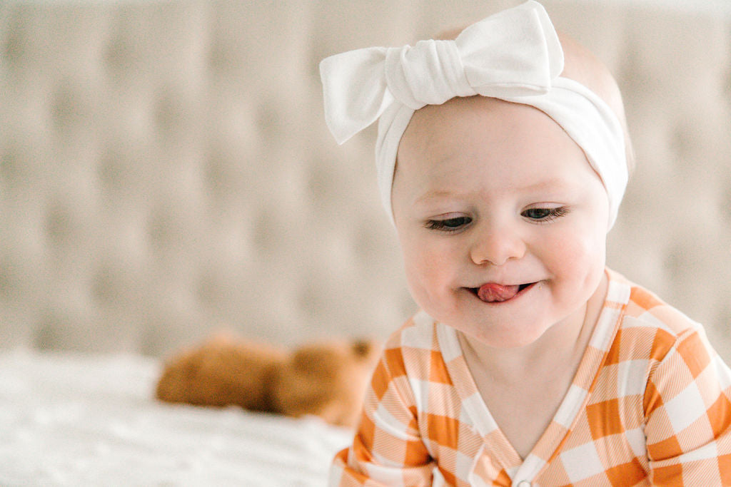 Baby Girl Orange Checkerboard Print Long Sleeve Sleeper with Ruffles and Matching Bow