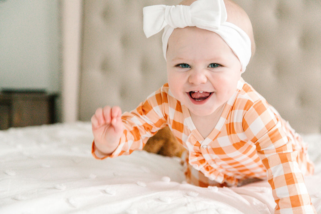 Baby Girl Orange Checkerboard Print Long Sleeve Sleeper with Ruffles and Matching Bow