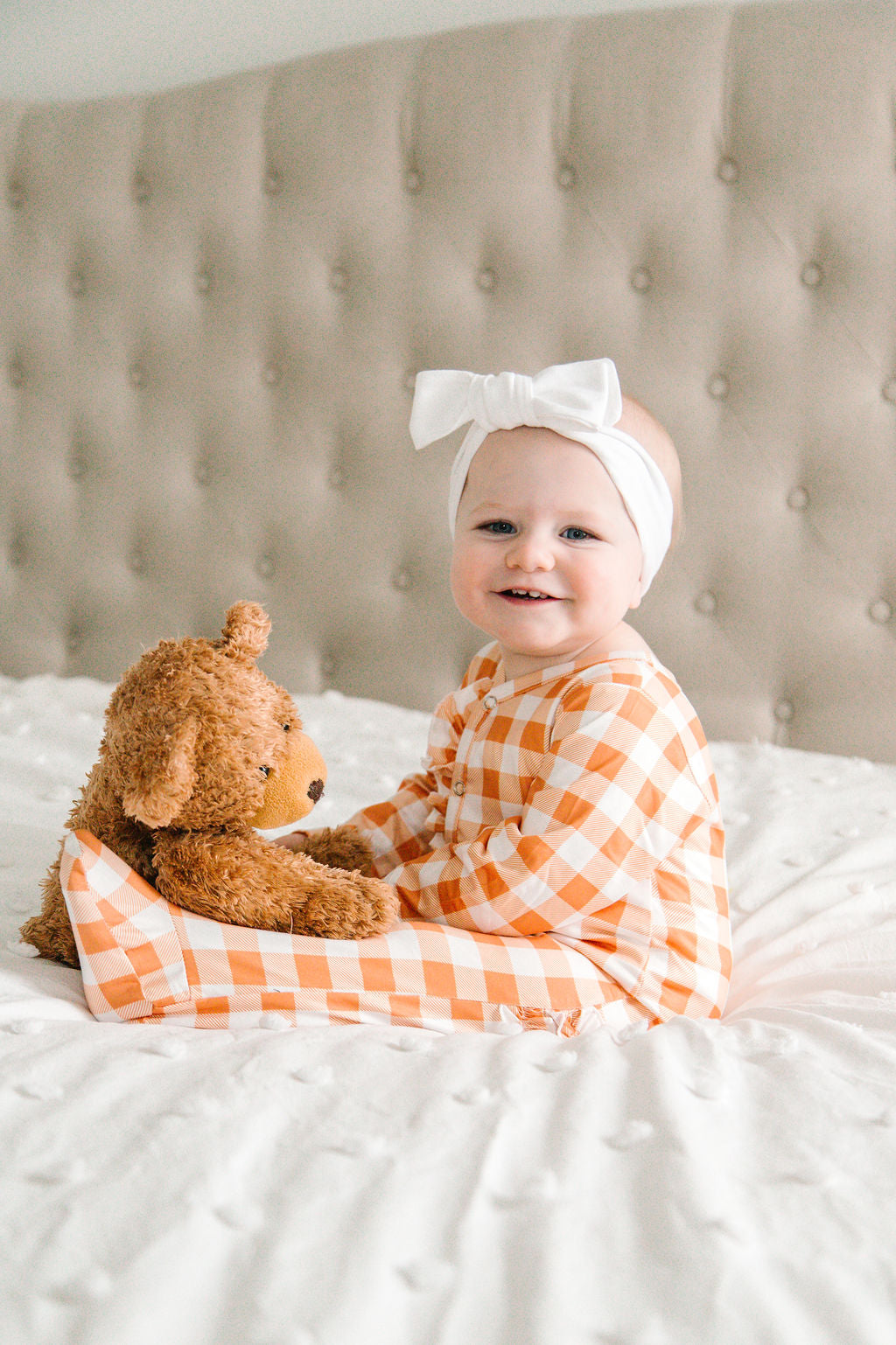 Baby Girl Orange Checkerboard Print Long Sleeve Sleeper with Ruffles and Matching Bow