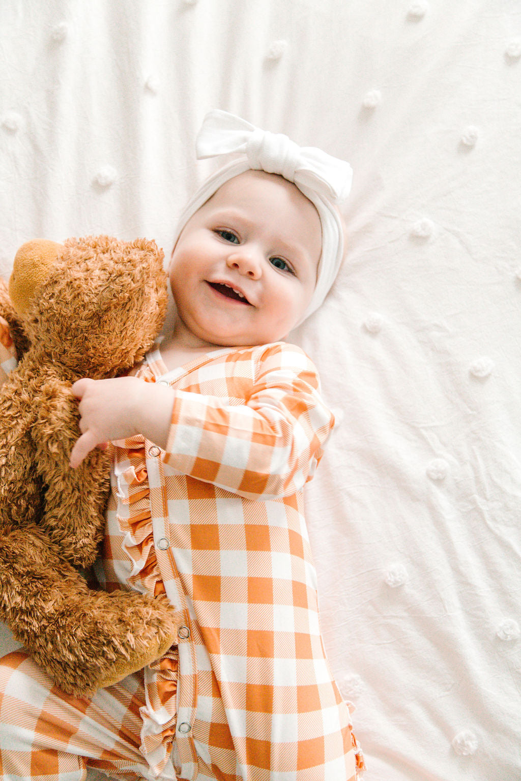 Baby Girl Orange Checkerboard Print Long Sleeve Sleeper with Ruffles and Matching Bow