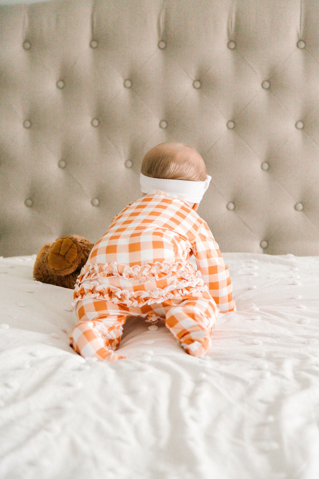 Baby Girl Orange Checkerboard Print Long Sleeve Sleeper with Ruffles and Matching Bow