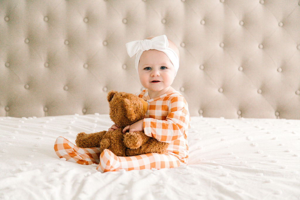 Baby Girl Orange Checkerboard Print Long Sleeve Sleeper with Ruffles and Matching Bow