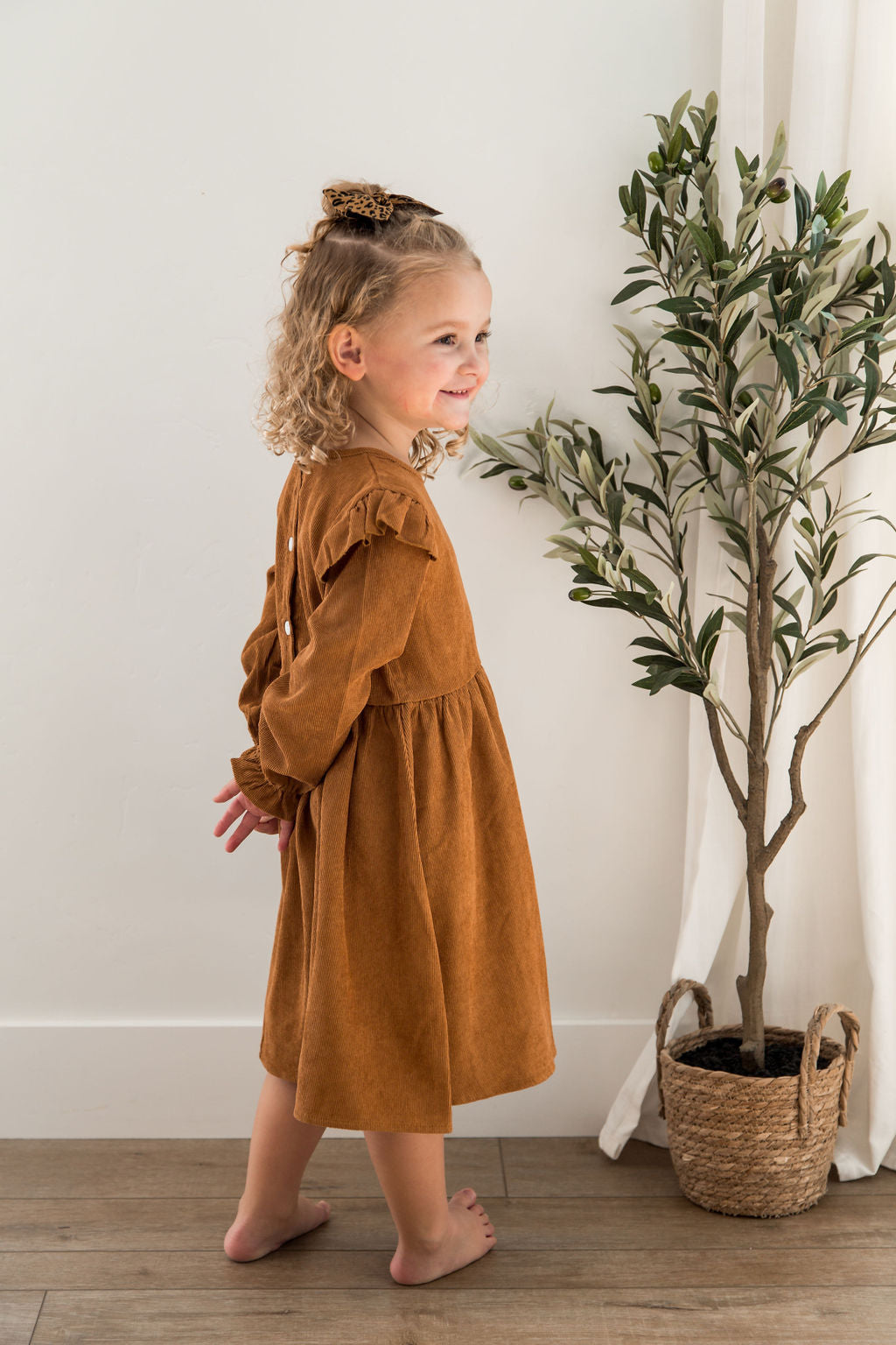 Rust Corduroy Dress with Ruffle Shoulders/accent bow