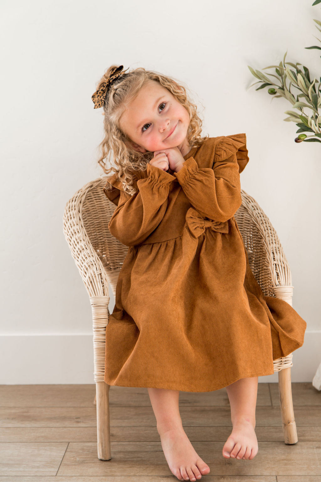 Rust Corduroy Dress with Ruffle Shoulders/accent bow