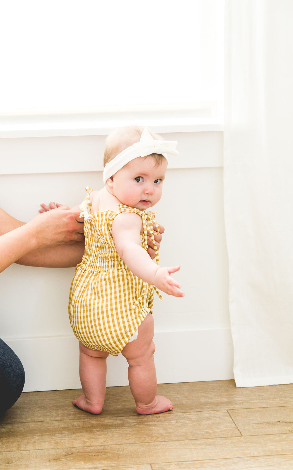 Baby Girl Checker Board Cotton Romper with Shoulder Ties