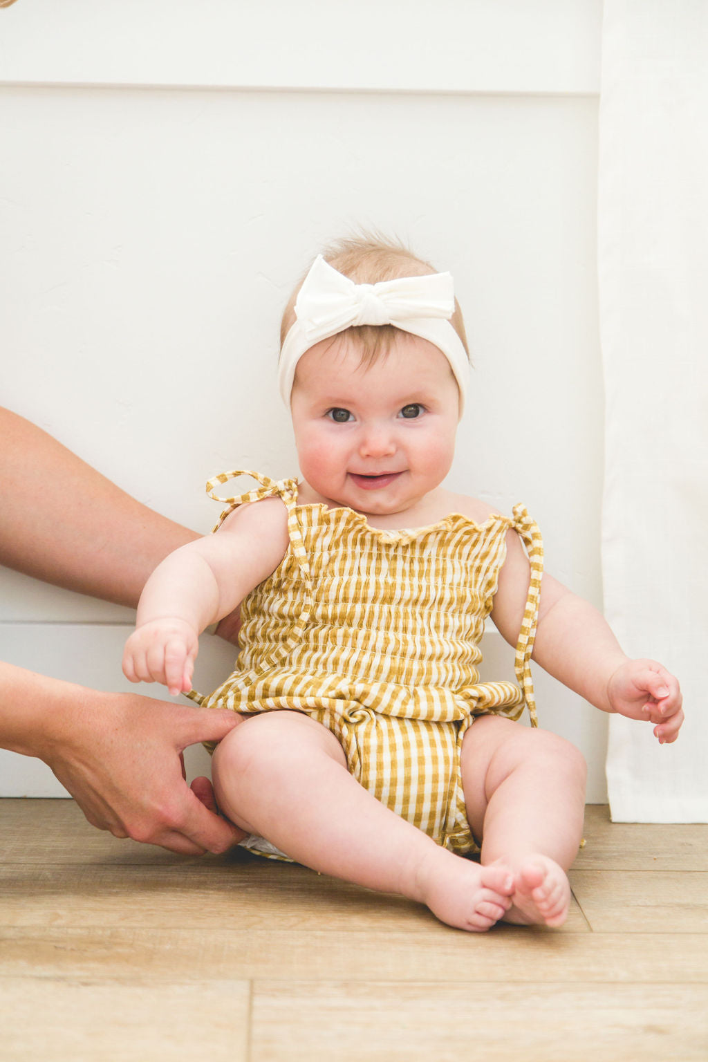 Baby Girl Checker Board Cotton Romper with Shoulder Ties