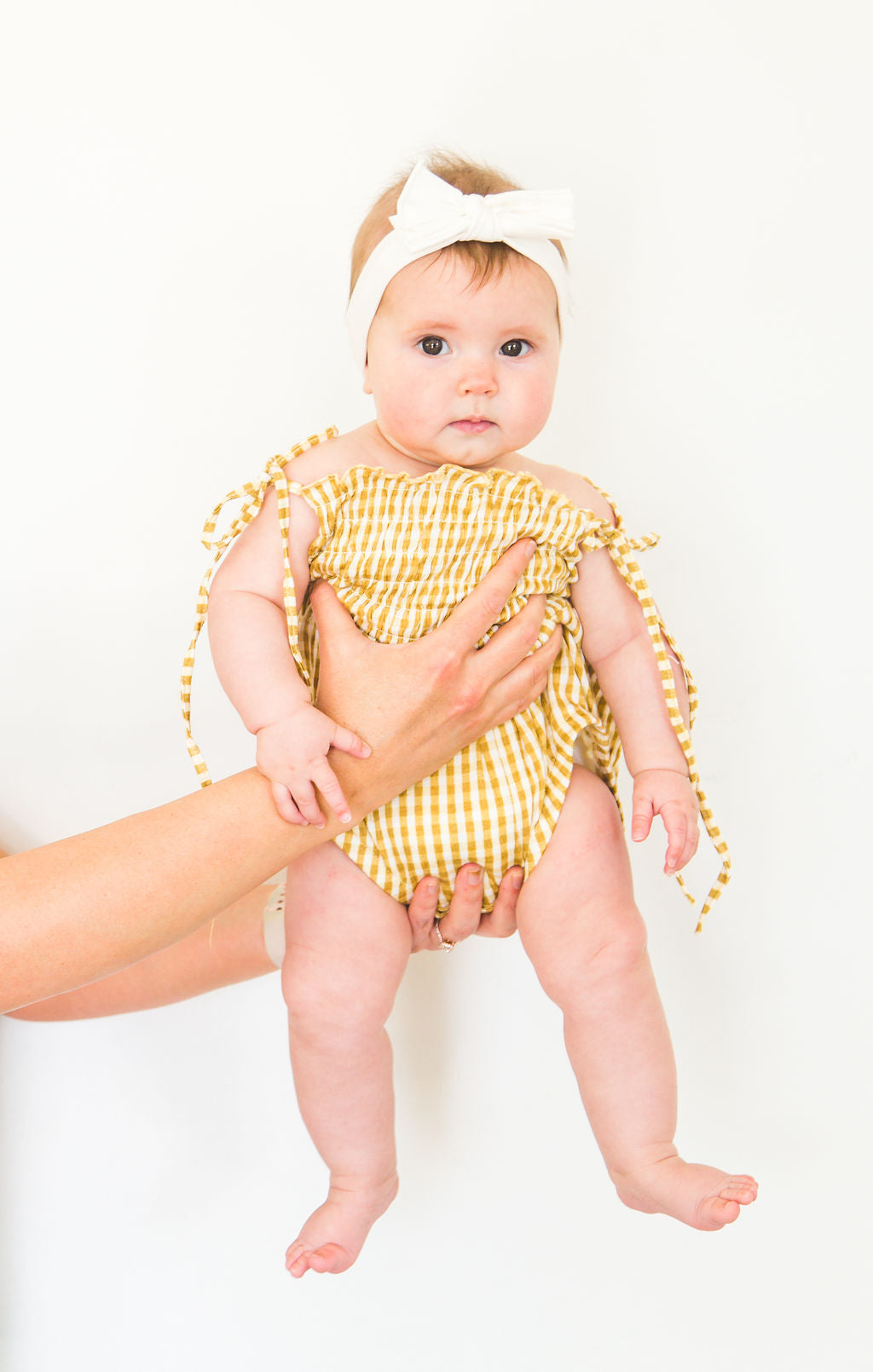 Baby Girl Checker Board Cotton Romper with Shoulder Ties