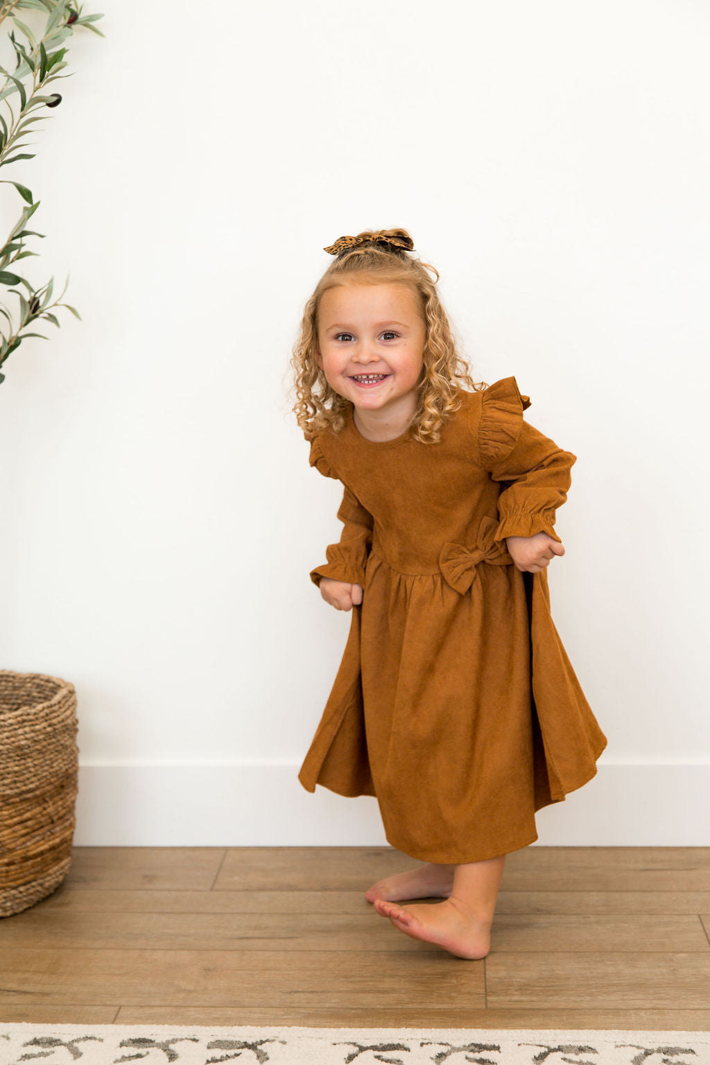 Rust Corduroy Dress with Ruffle Shoulders/accent bow