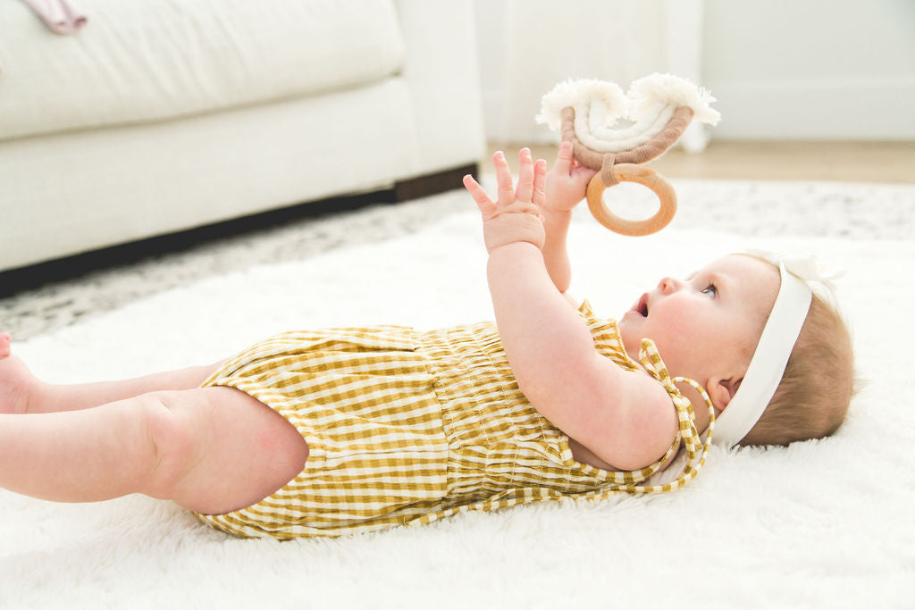 Baby Girl Checker Board Cotton Romper with Shoulder Ties