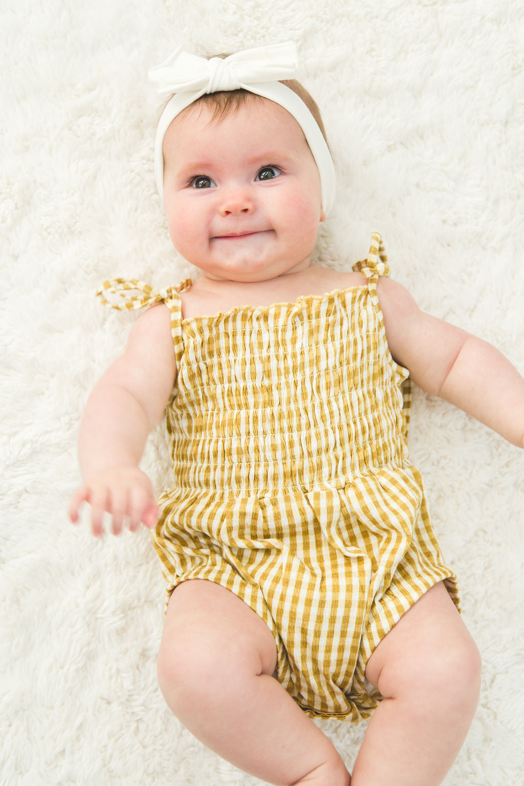 Baby Girl Checker Board Cotton Romper with Shoulder Ties