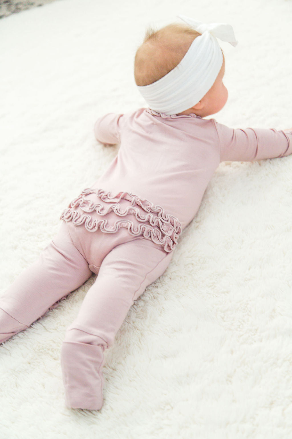 Dusty Mauve Ruffle Footie with Two-Way Zipper and Fold-Over Hands & Feet