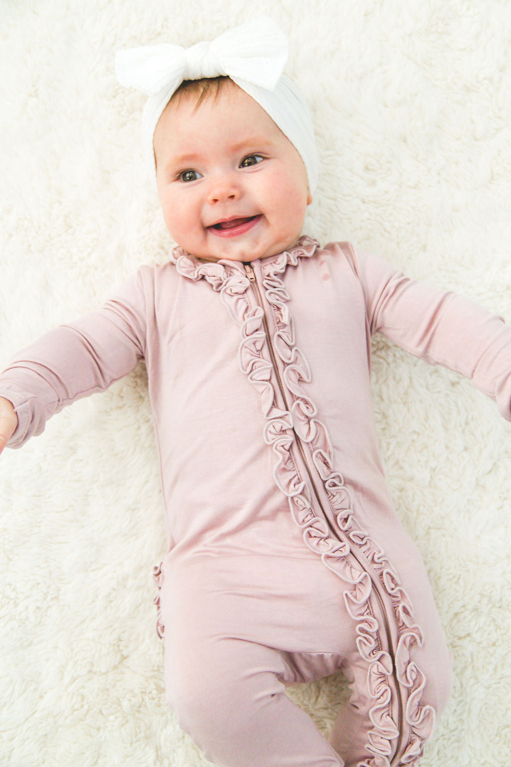 Dusty Mauve Ruffle Footie with Two-Way Zipper and Fold-Over Hands & Feet