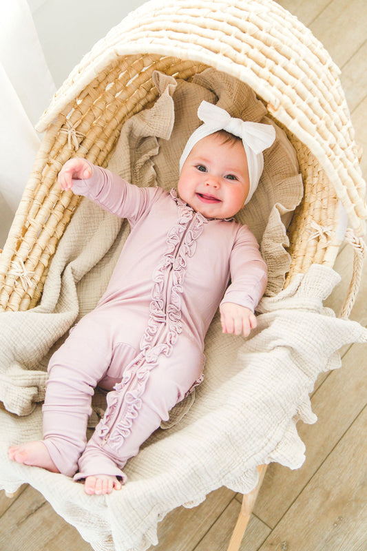 Dusty Mauve Ruffle Footie with Two-Way Zipper and Fold-Over Hands & Feet