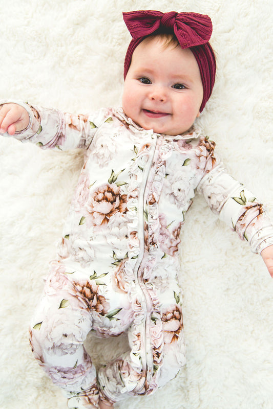 Bamboo Baby Girl Floral Sleeper with zipper and fold over hands and feet.