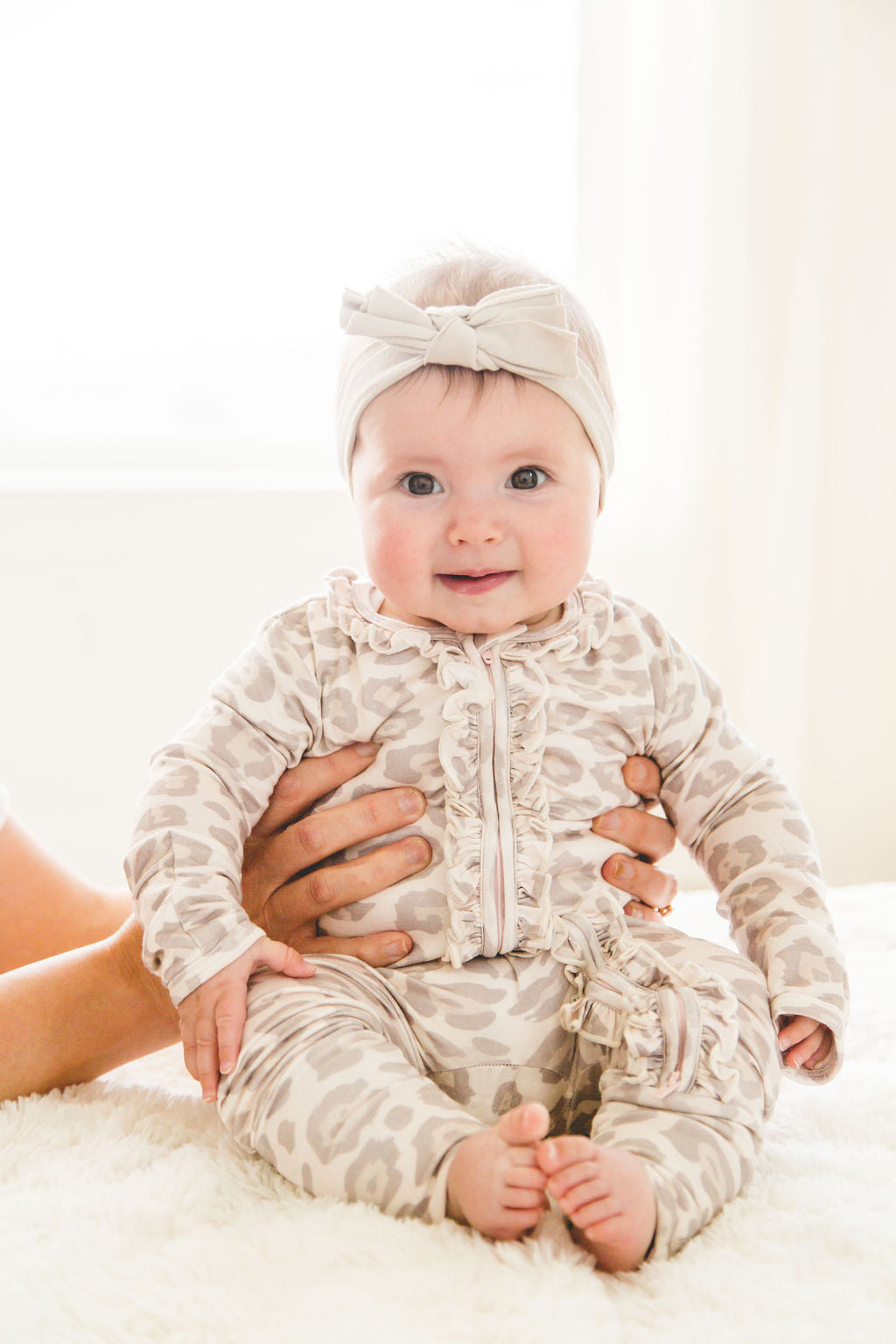 Baby Girl Leopard Bamboo Ruffle Sleeper with 2 way zipper and fold over hands and feet