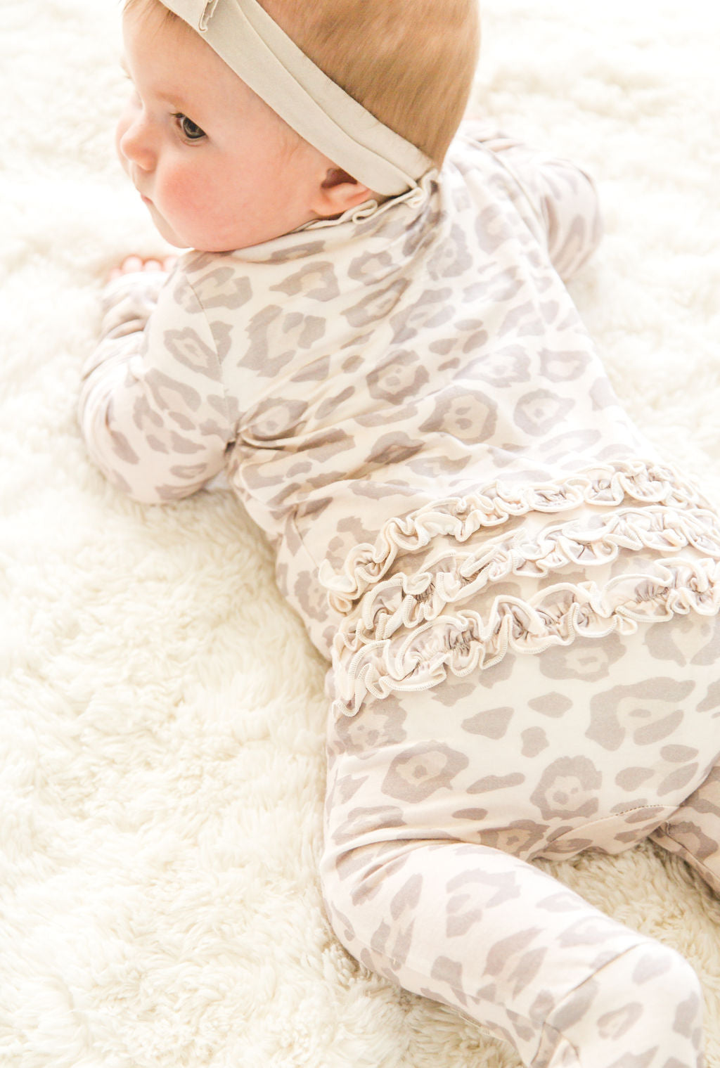 Baby Girl Leopard Bamboo Ruffle Sleeper with 2 way zipper and fold over hands and feet