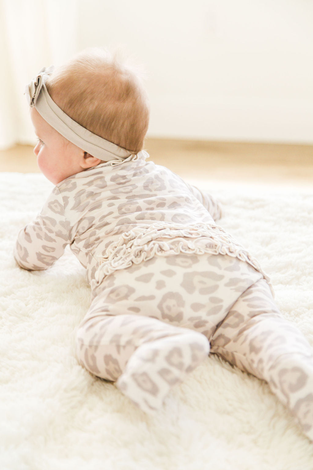 Baby Girl Leopard Bamboo Ruffle Sleeper with 2 way zipper and fold over hands and feet