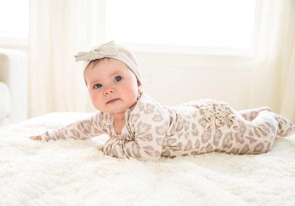 Baby Girl Leopard Bamboo Ruffle Sleeper with 2 way zipper and fold over hands and feet