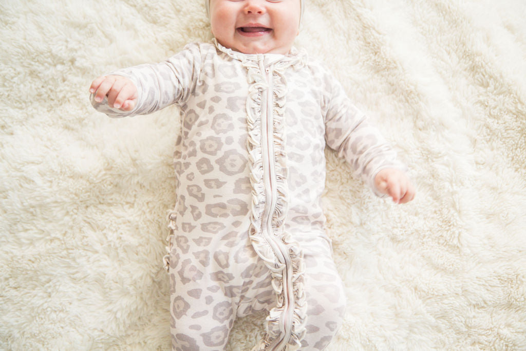 Baby Girl Leopard Bamboo Ruffle Sleeper with 2 way zipper and fold over hands and feet