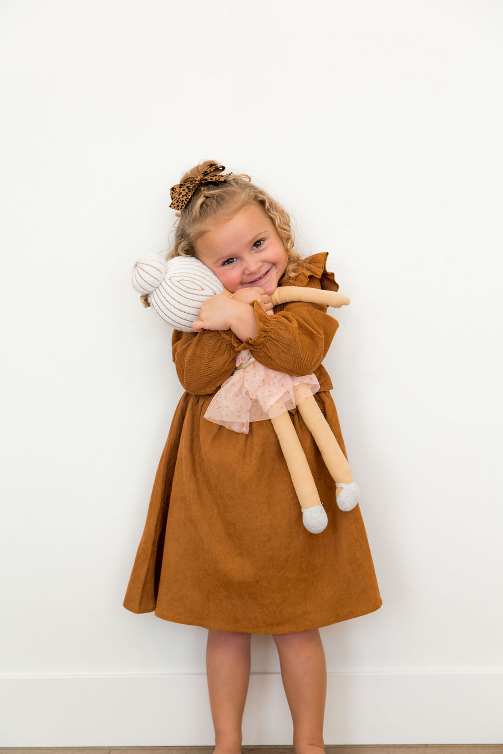 Rust Corduroy Dress with Ruffle Shoulders/accent bow