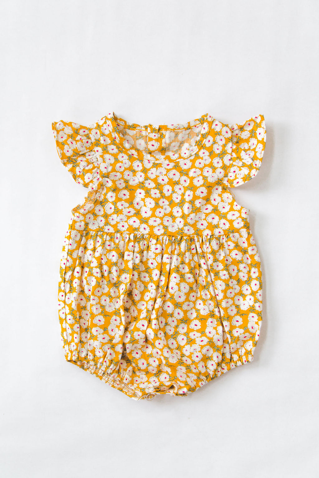 Baby Girl Cotton Bubble Calico Floral Romper with Flutter Sleeves