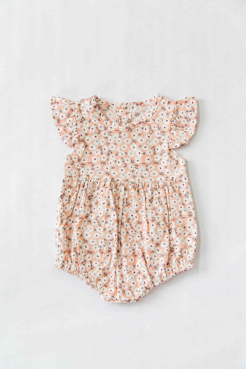 Baby Girl Cotton Bubble Calico Floral Romper with Flutter Sleeves