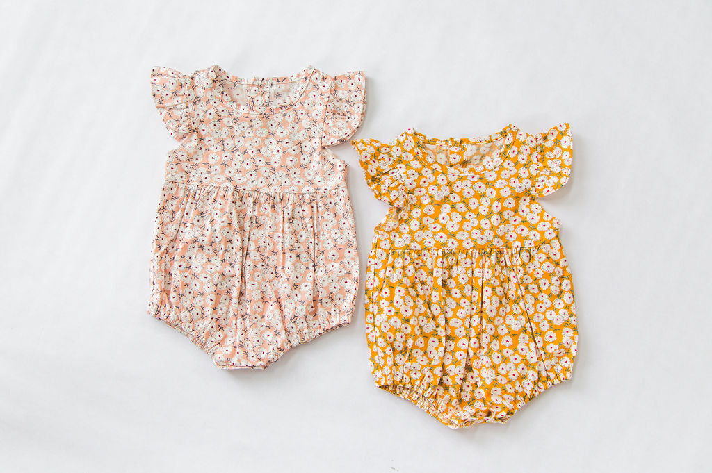 Baby Girl Cotton Bubble Calico Floral Romper with Flutter Sleeves