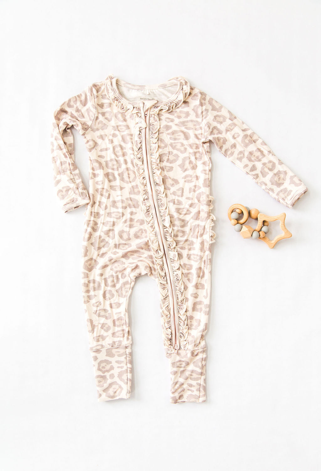 Baby Girl Leopard Bamboo Ruffle Sleeper with 2 way zipper and fold over hands and feet