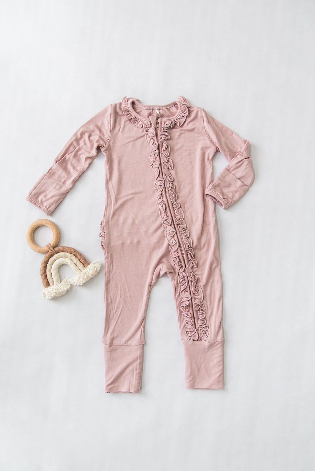 Dusty Mauve Ruffle Footie with Two-Way Zipper and Fold-Over Hands & Feet