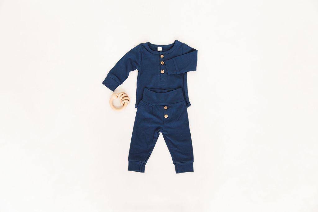 Baby Boy 2-piece Navy Long Sleeve Button Bodysuit with Matching Bottoms