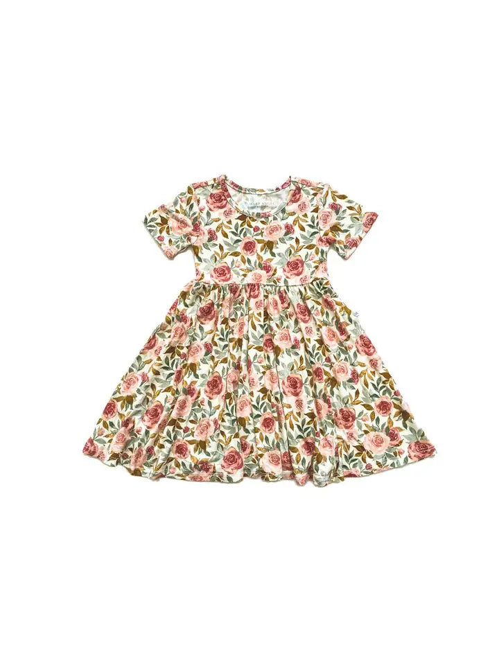 Girl Short Sleeve Dusty Pink Floral Twirl Bamboo Dress