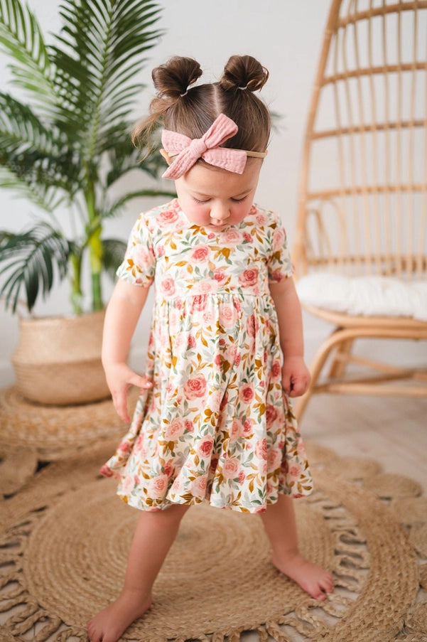 Girl Short Sleeve Dusty Pink Floral Twirl Bamboo Dress