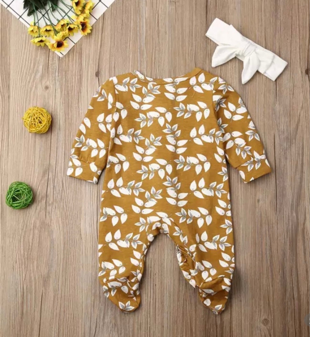 Baby Girl Ruffle Mustard Footie Sleeper with White Headband