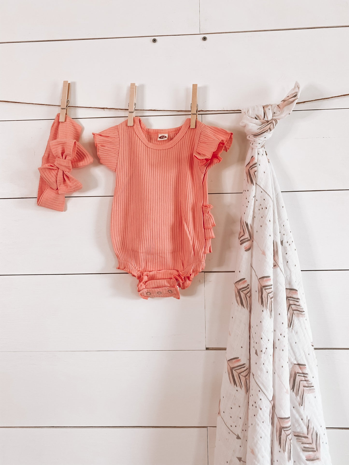 Coral Girl Flutter Sleeves Onesie with Ruffles