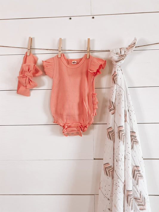 Coral Girl Flutter Sleeves Onesie with Ruffles