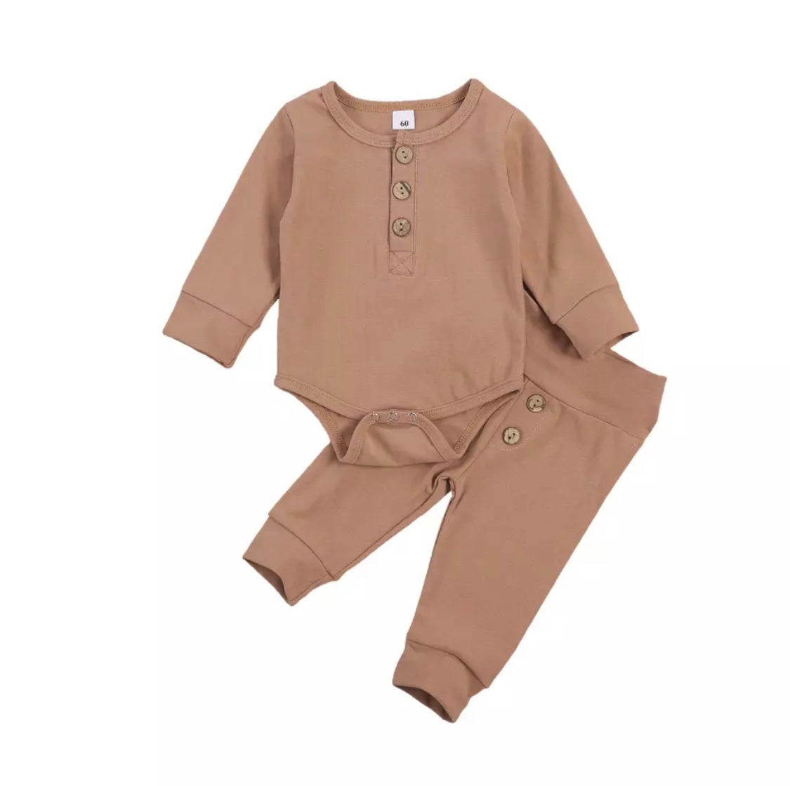 Baby Boy 2-piece Neutral Long Sleeve solid Button Bodysuit with Matching Bottoms