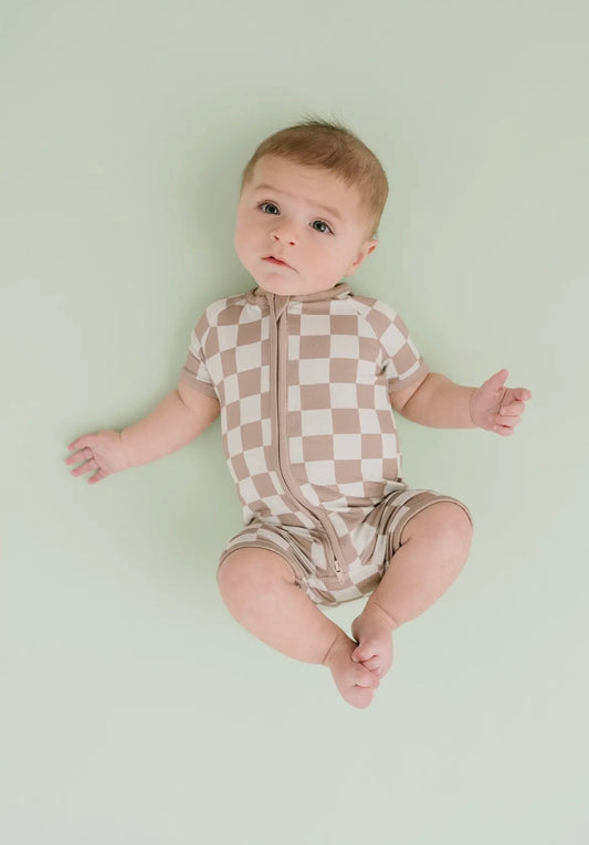 Beige Checkered Bamboo Short Romper