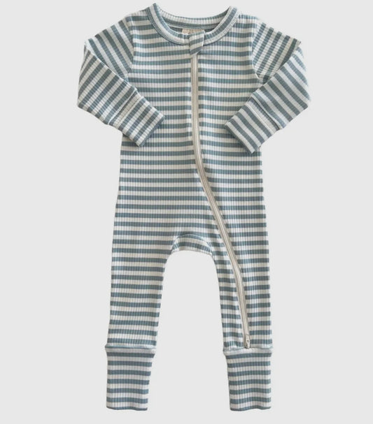 Blue Stripe Ribbed 2-Way Zip Romper