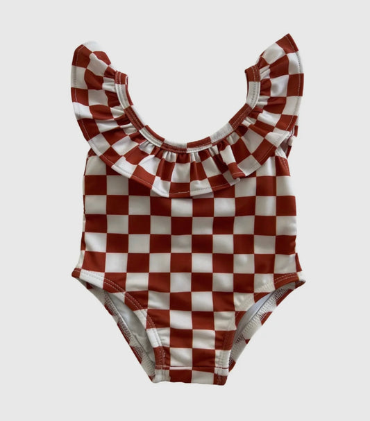 Checkerboard One Piece Ruffle Swimsuit