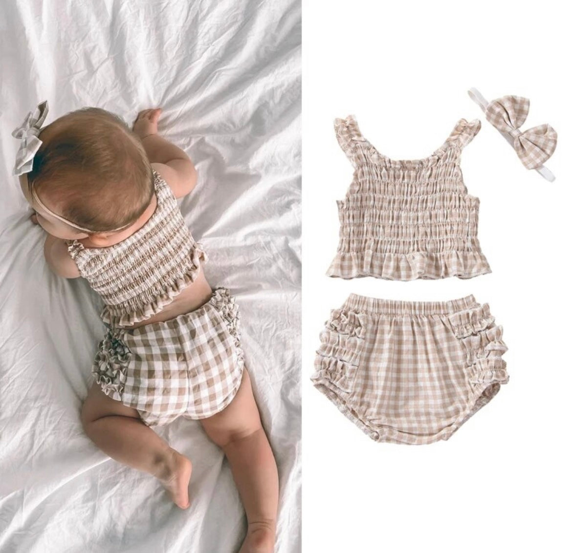 3-piece Plaid Sleeveless Ruffle Top & Shorts