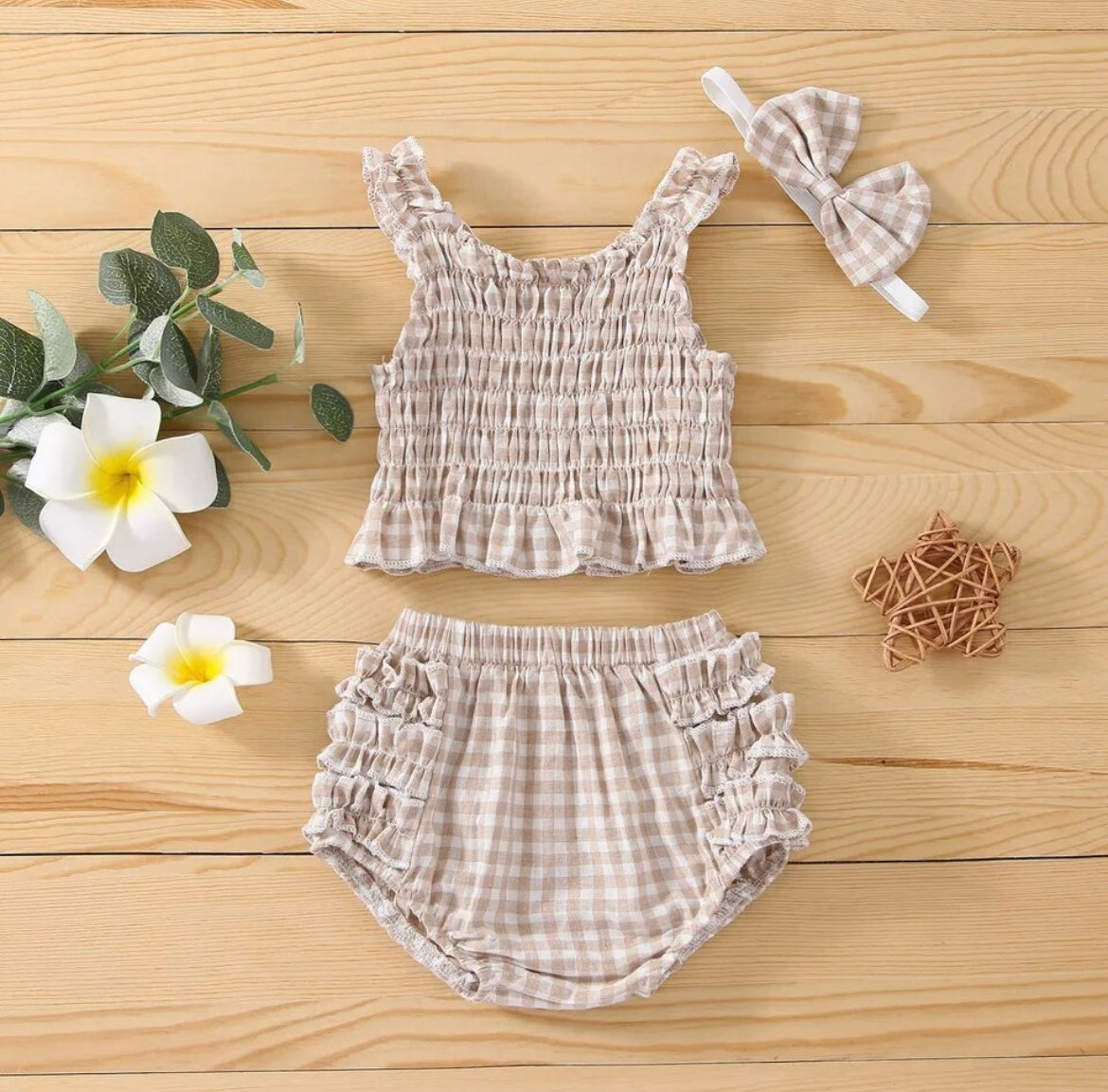 3-piece Plaid Sleeveless Ruffle Top & Shorts